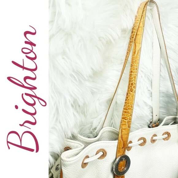BRIGHTON White & Tan Pebbled Leather Satchel Shoulder Bag Croc Heart Detail - Picture 8 of 15